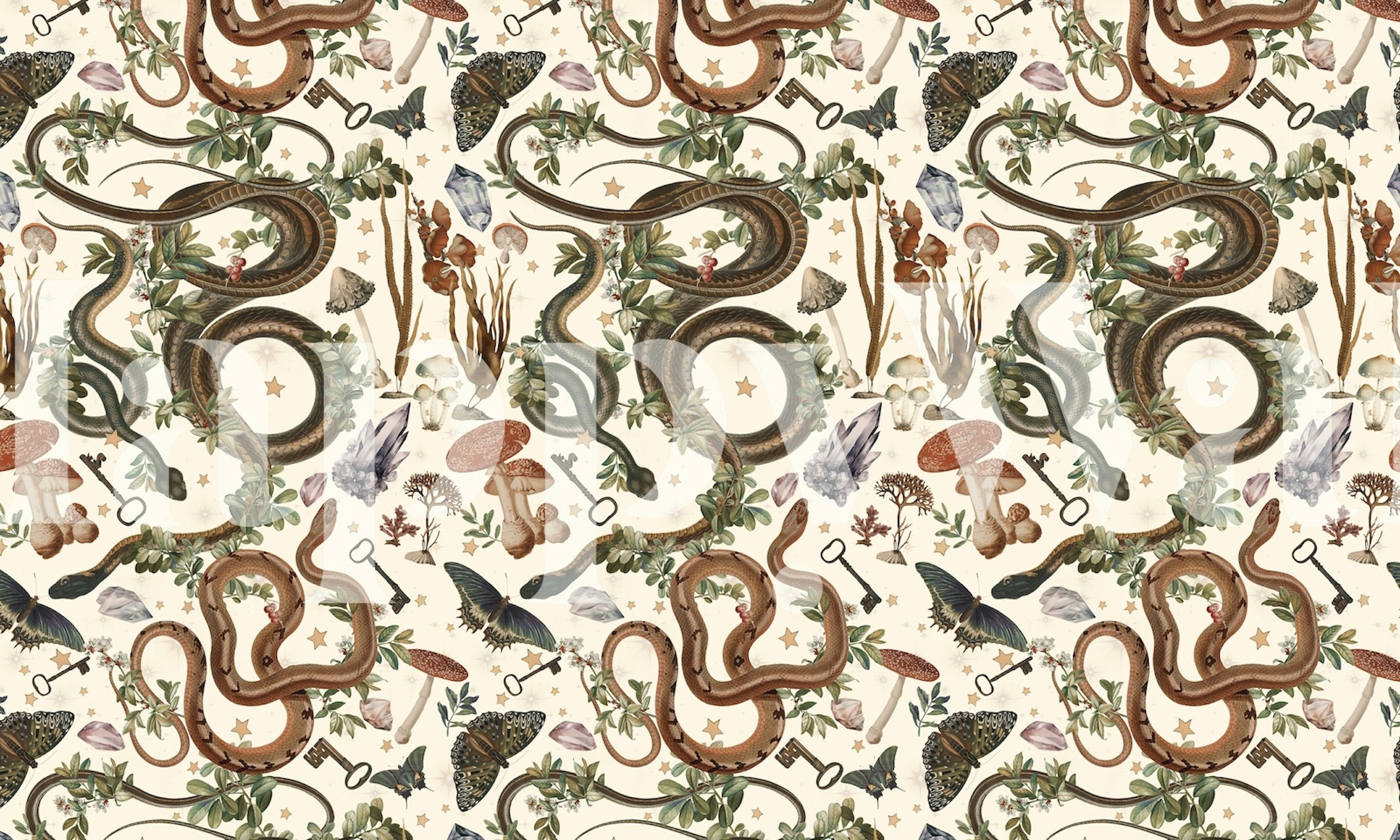 Serpents, mushrooms, and plants on cream background wallpaper