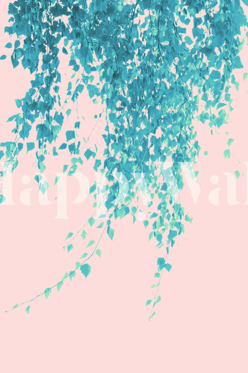 Turquoise leaves on a blush background wallpaper
