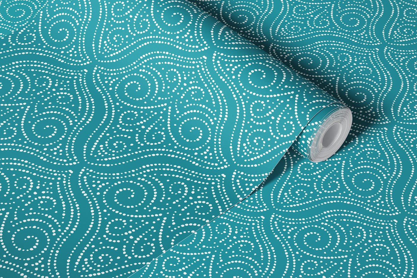 Boho Mandala Dotted Folk Pattern on teal wallpaper roll