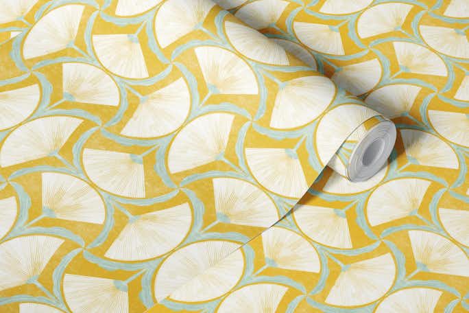 Floral Harmony: Delicate Hand-Drawn Symmetry on mustard backgroundwallpaper roll