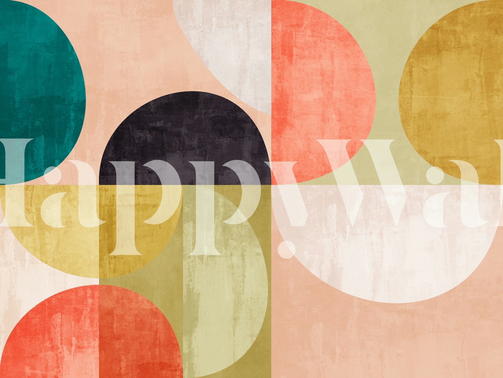 Abstract colorful wall mural with geometric shapes in teal, coral, mustard, and charcoal