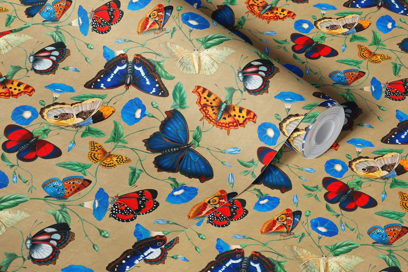 Papillonia - Morning Glory with Butterflies in Beige SMALL wallpaper roll