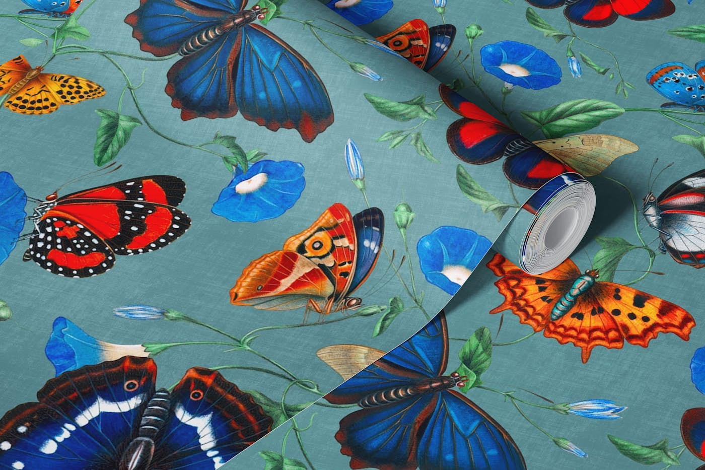 Papillonia - Morning Glory with Butterflies in teal blue wallpaper roll