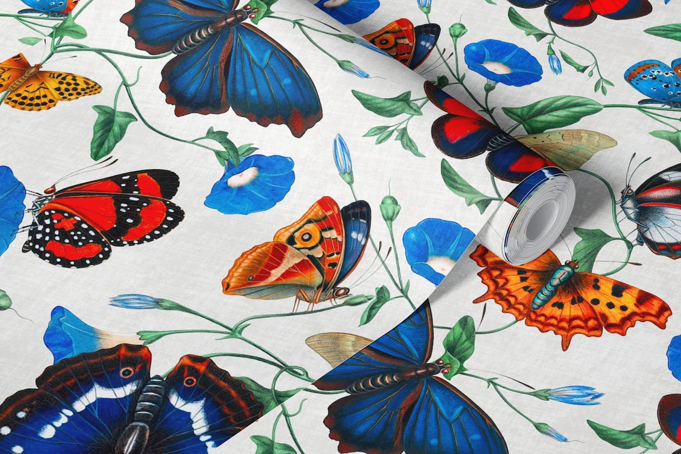 Papillonia - Morning Glory with Butterflies in sone white wallpaper roll