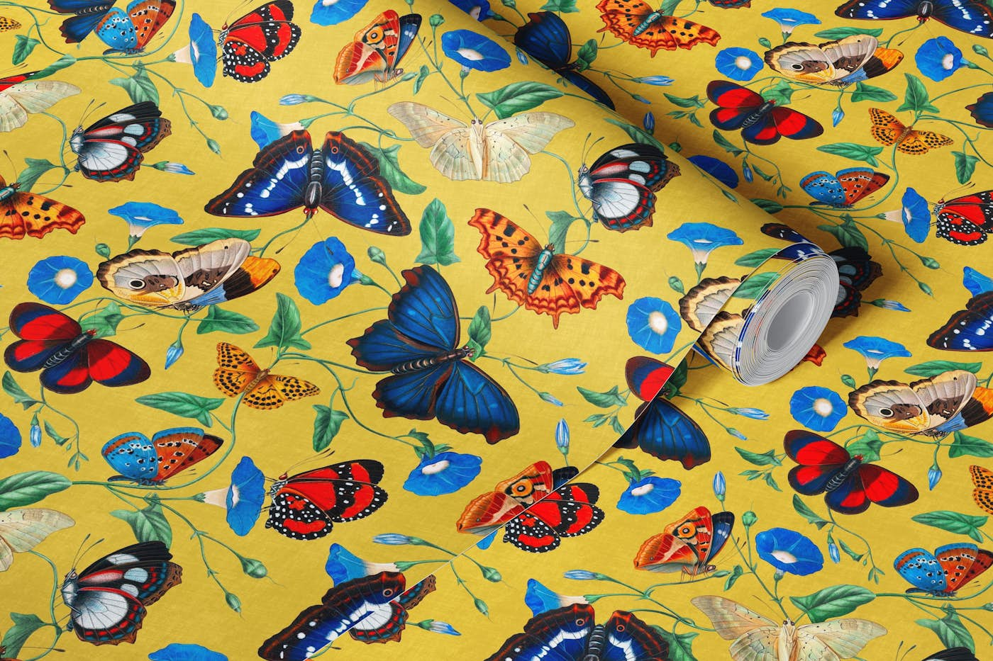 Papillonia - Morning Glory with Butterflies in lemon yellow SMALL wallpaper roll