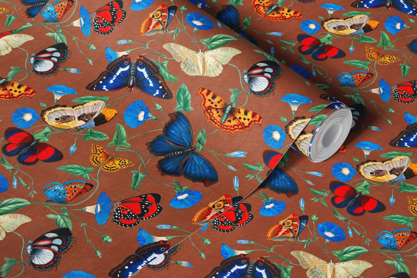 Papillonia - Morning Glory with Butterflies in sienna brown SMALL wallpaper roll