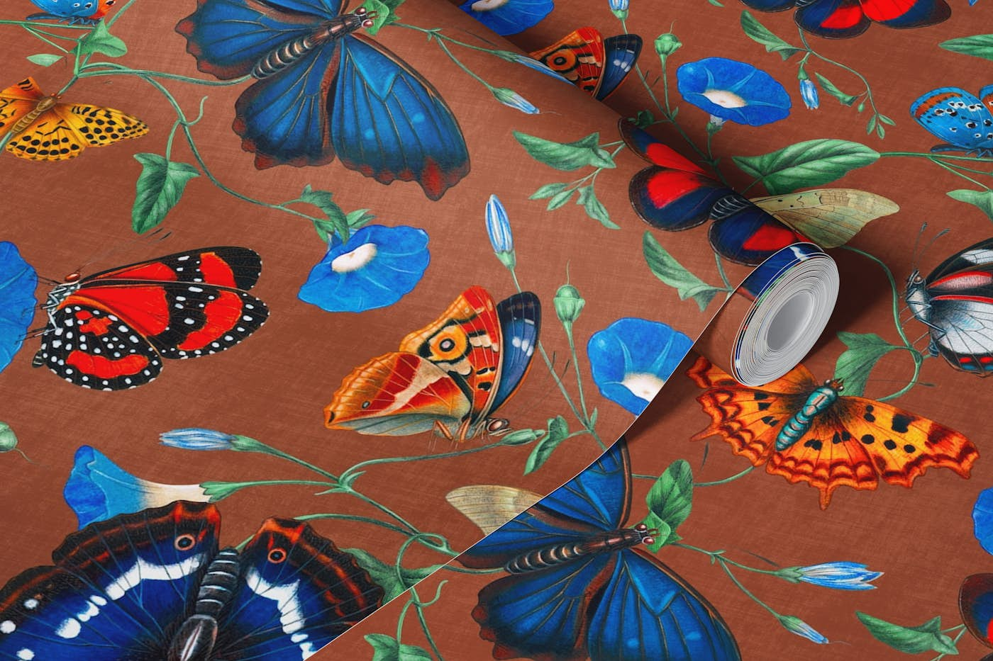 Papillonia - Morning Glory with Butterflies in sienna brown wallpaper roll