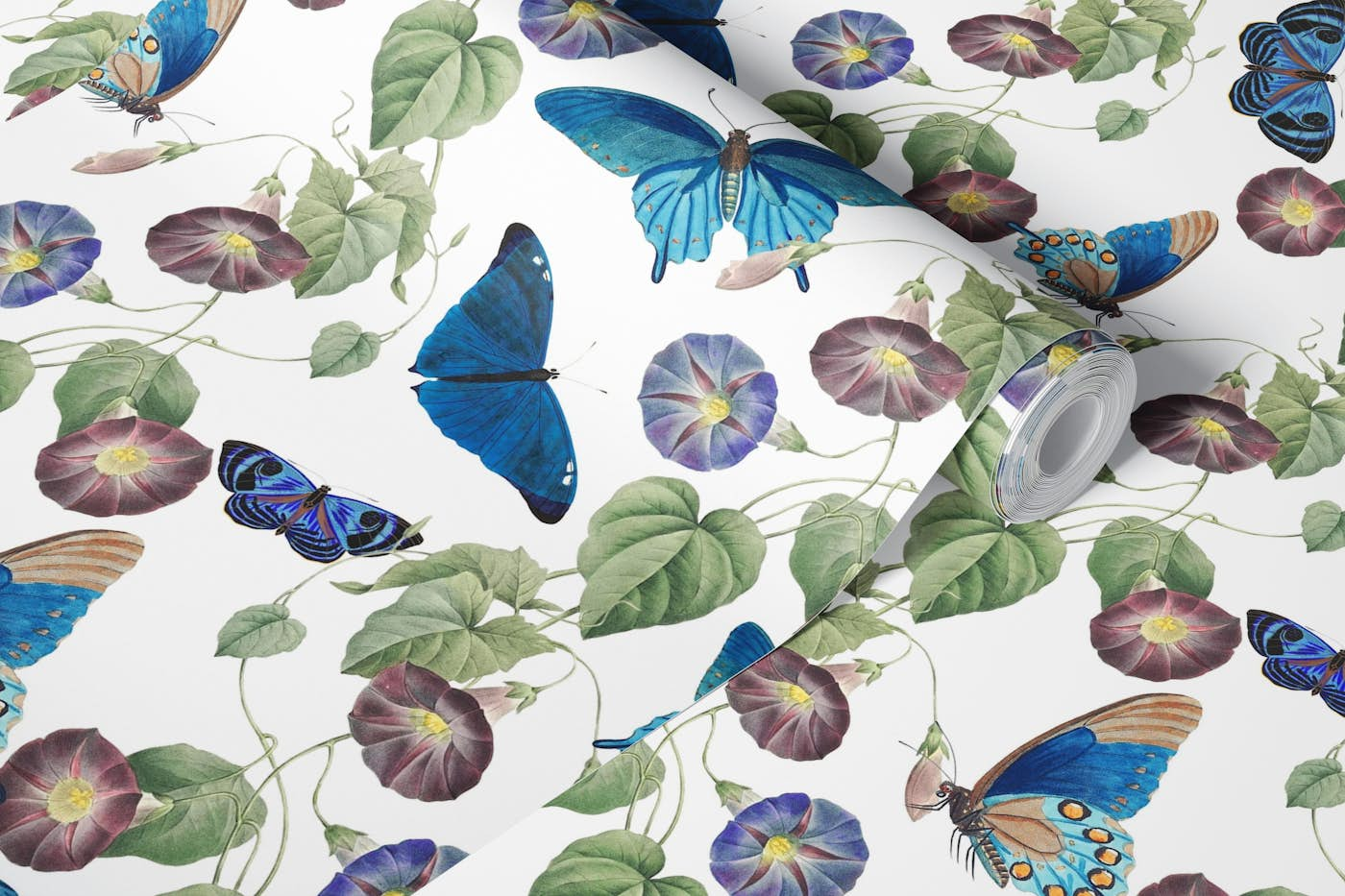 Vintage Blue Butterflies And Ipomea wallpaper roll