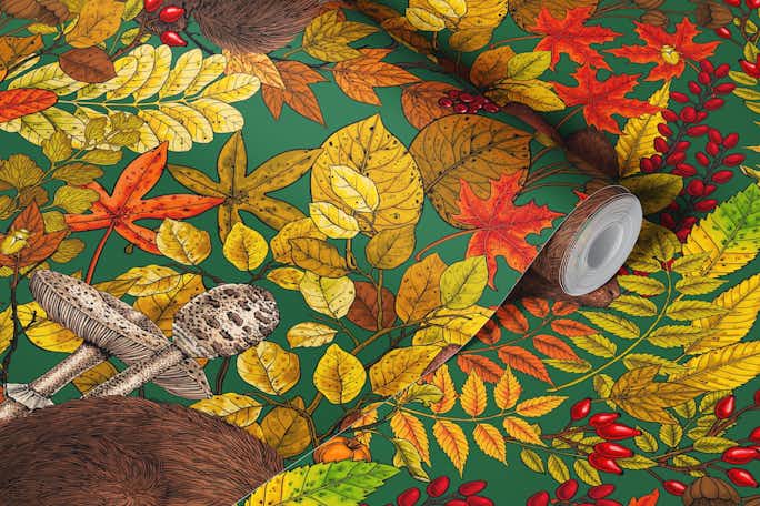 Autumn Rabbit on greenwallpaper roll