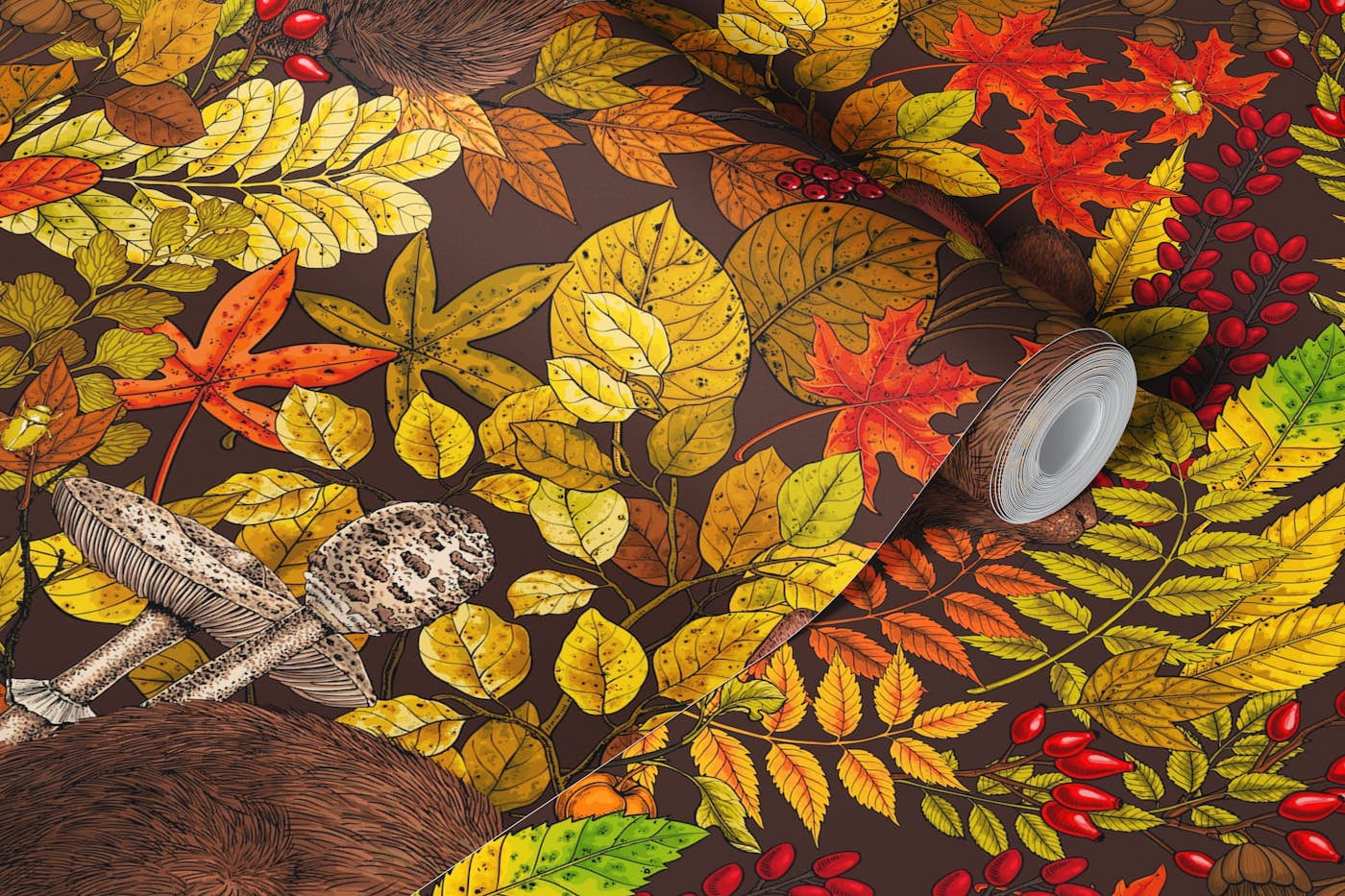 Autumn Rabbit on brown wallpaper roll