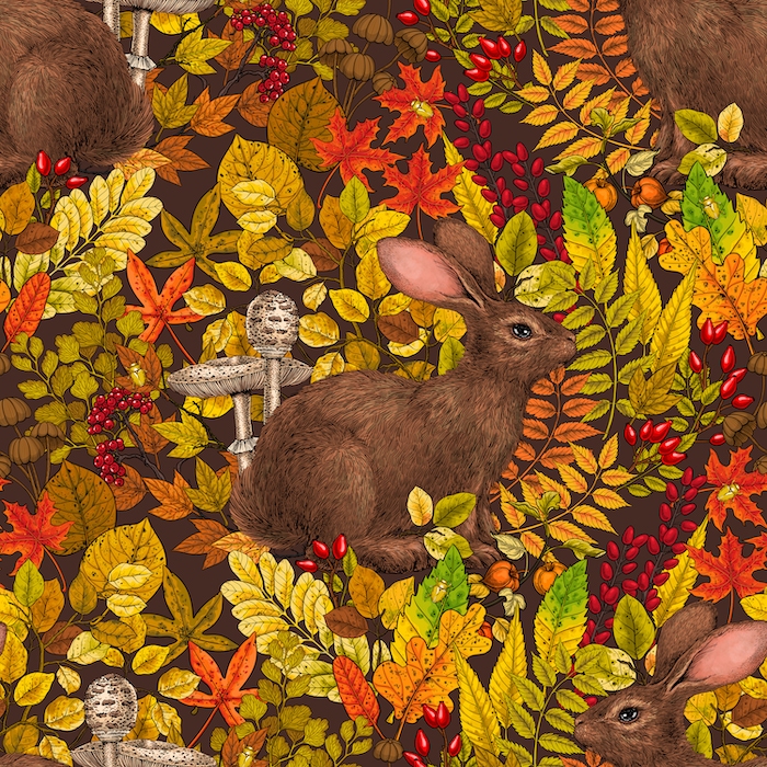 Autumn Rabbit Floral Wallpaper Design