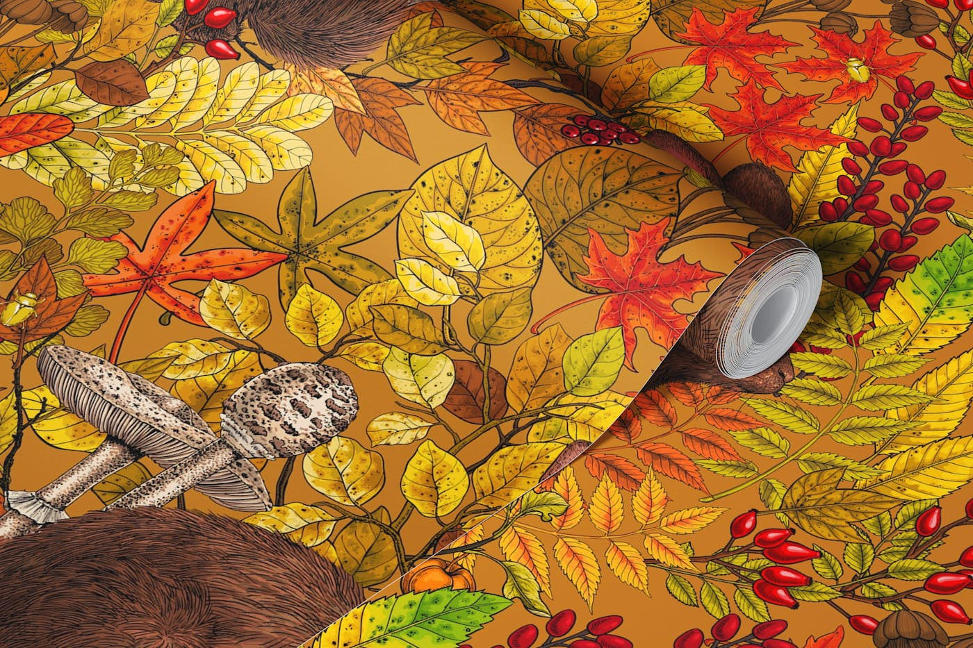 Autumn Rabbit on ochre wallpaper roll