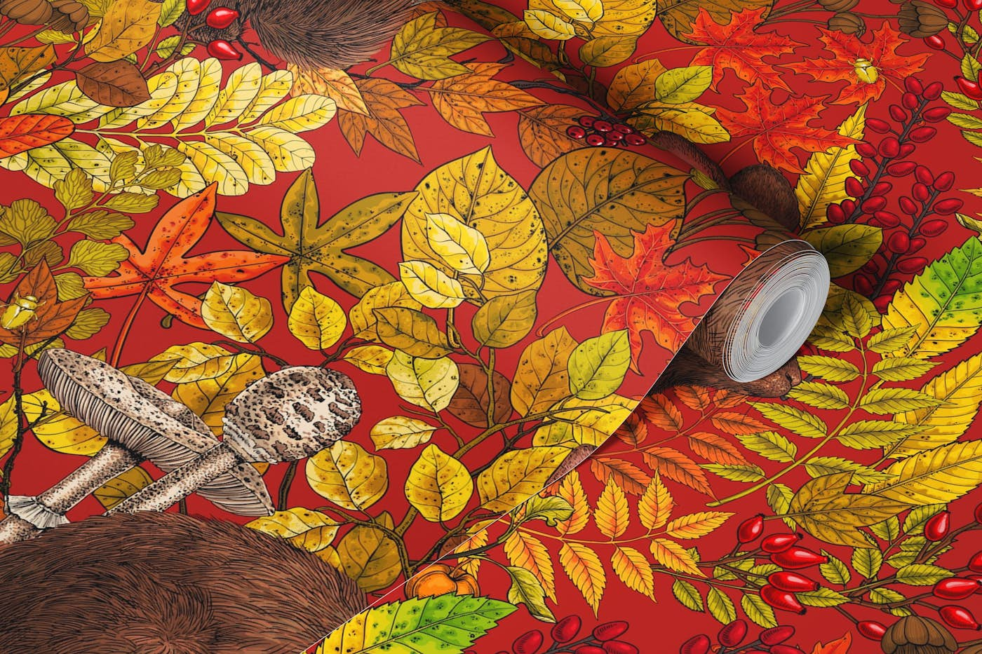 Autumn Rabbit on red wallpaper roll