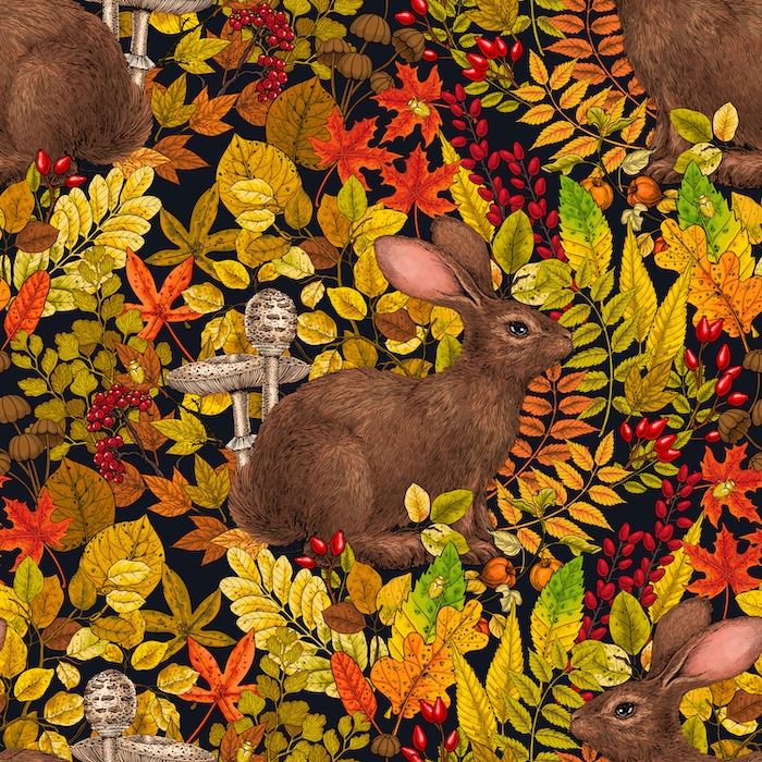 Autumn Rabbit Floral Wallpaper on Black