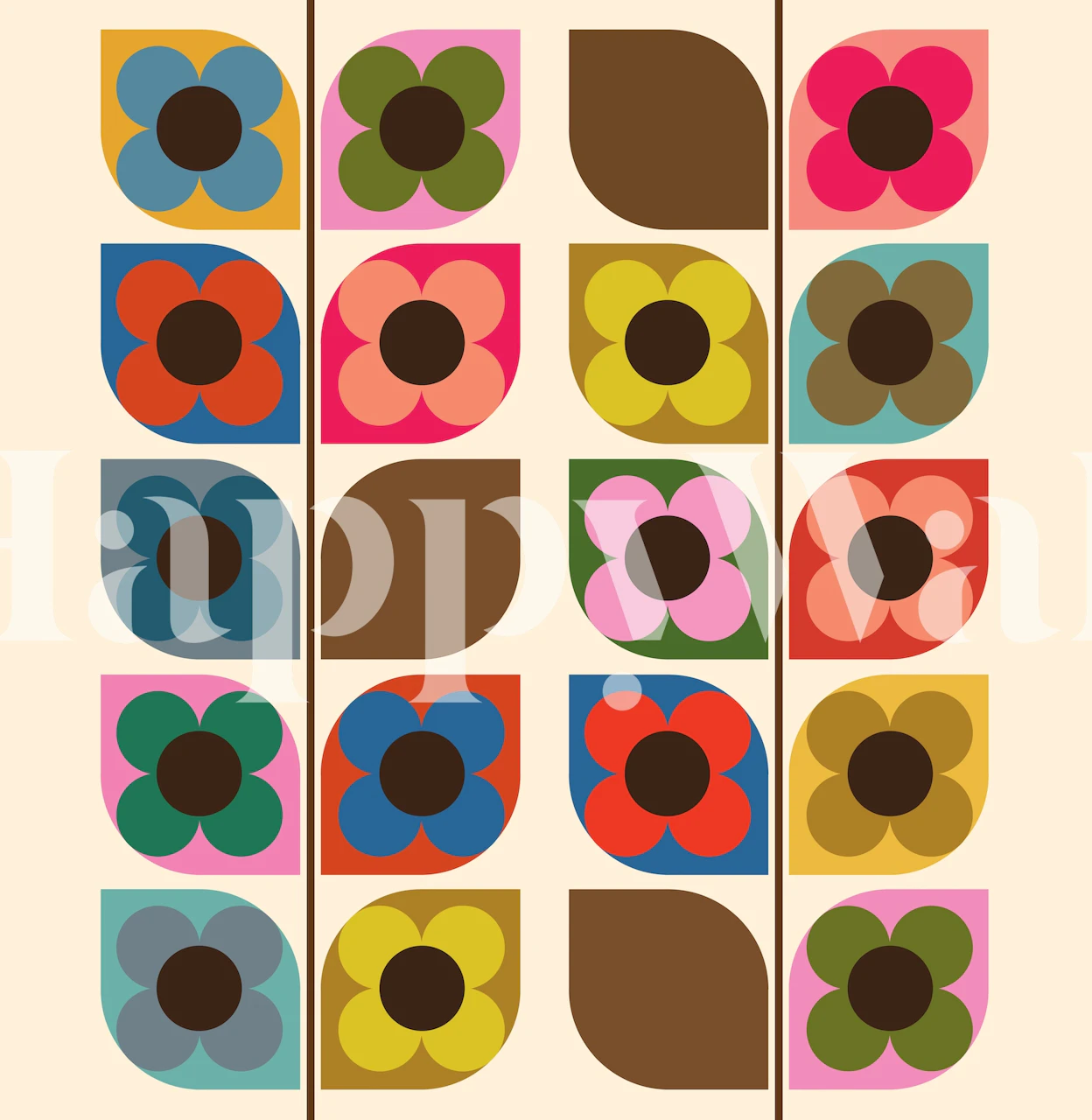 Šarena cvjetna muralna slika pod nazivom Bloom Vine s retro dizajnerskom estetikom