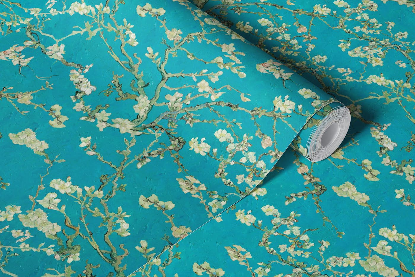 Almond Blossom Van Gogh teal blue sage olive green wallpaper roll