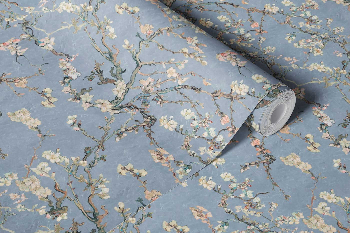 Van Gogh Almond Blossom pigeon blue blush pink olive cream wallpaper roll