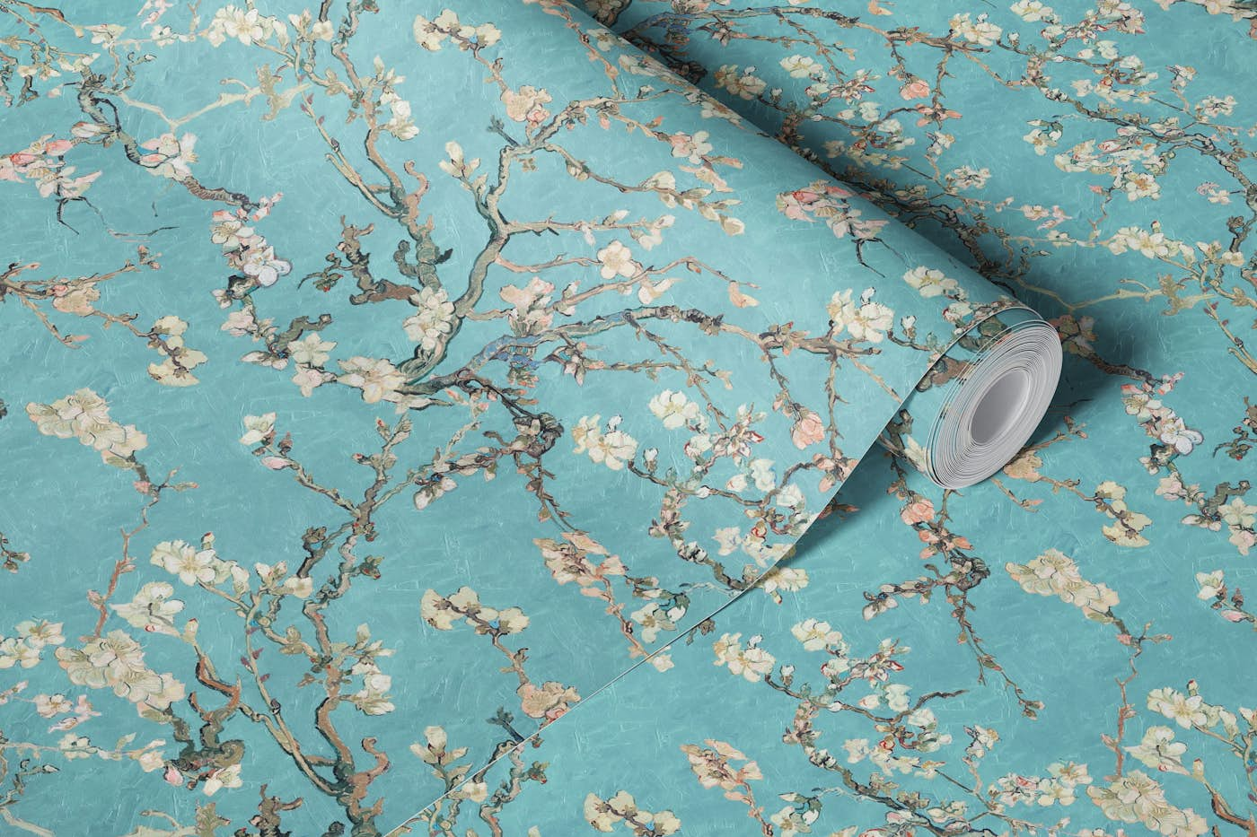 Van Gogh Almond Blossom robin egg blue cream pink olive green wallpaper roll