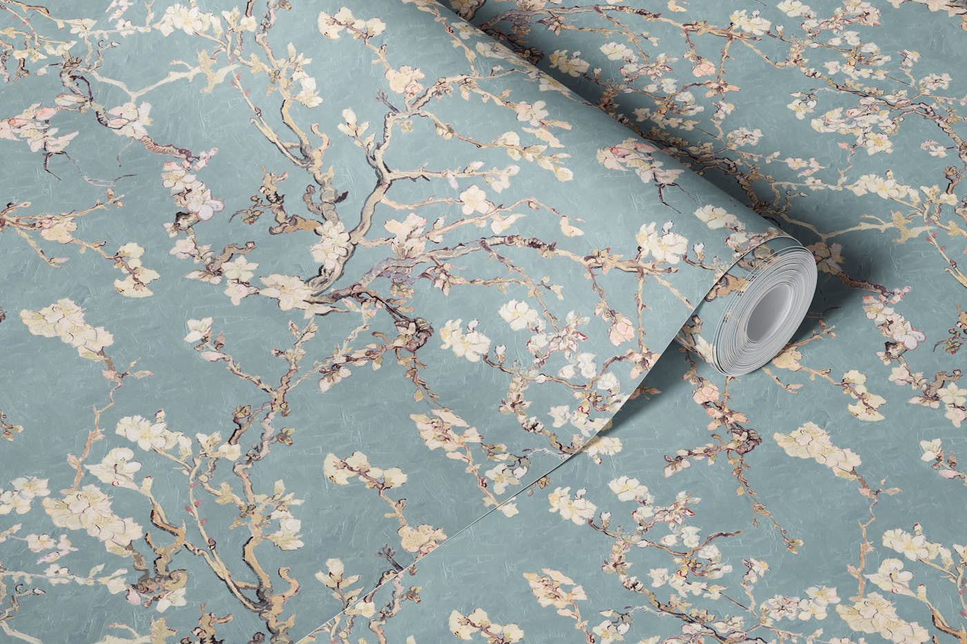 Van Gogh Almond Blossom slate blue cream pink olive green wallpaper roll