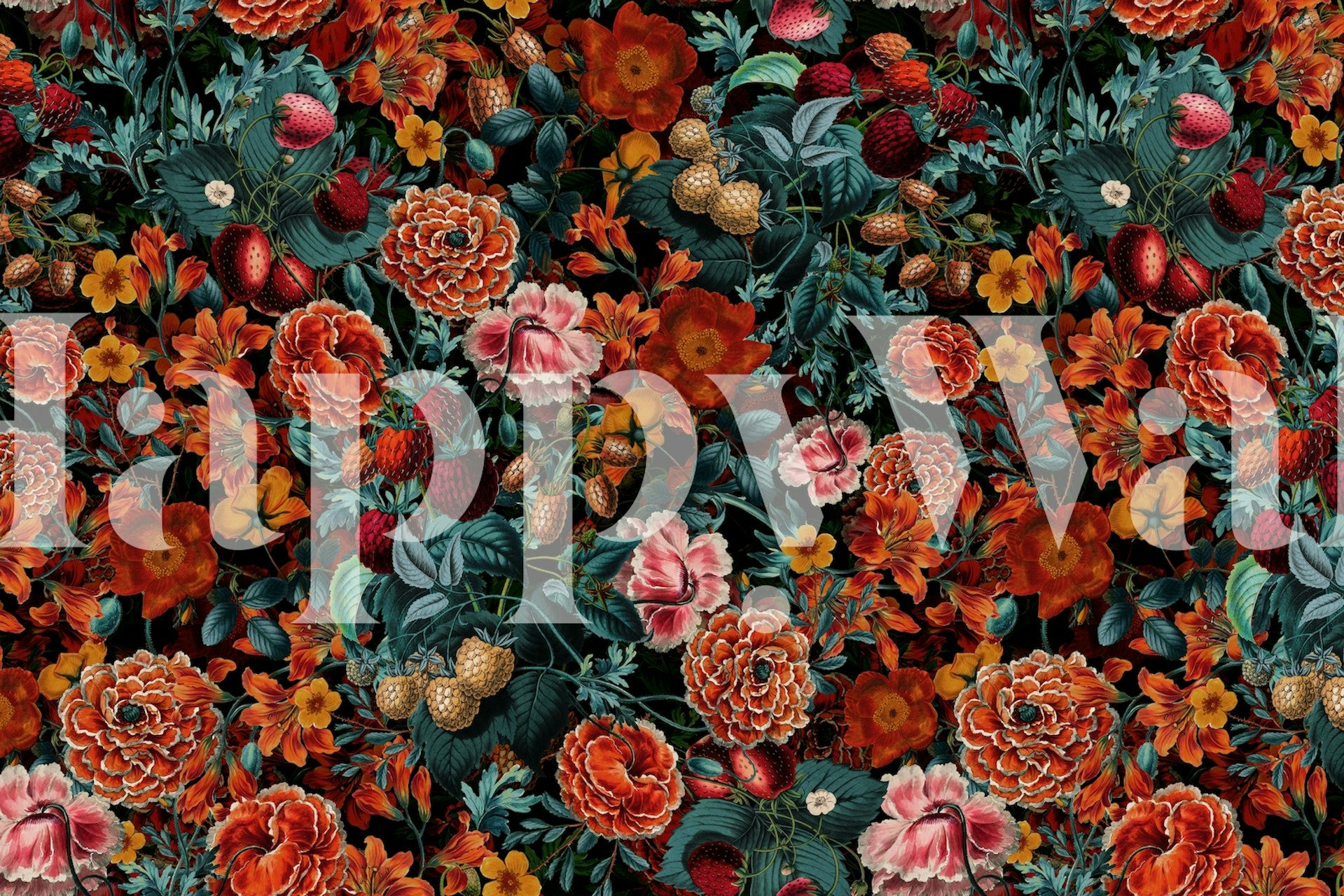 Vibrant floral wallpaper with orange, pink, and teal flowers