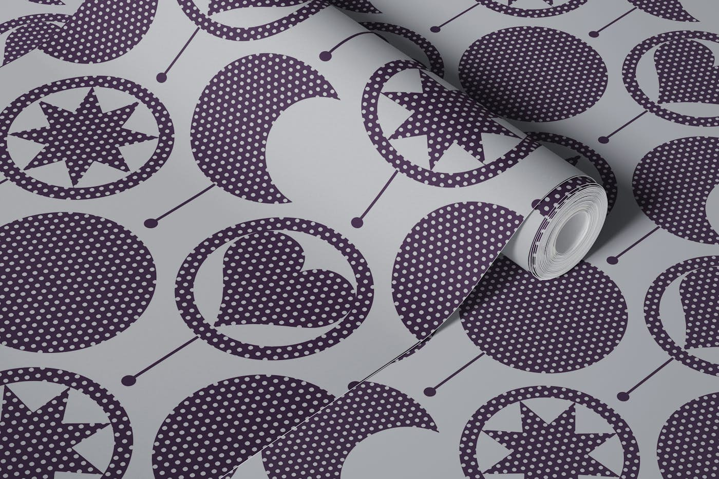 Celestial Christmas - Dotty Spotty Gray / Deep Purple wallpaper roll