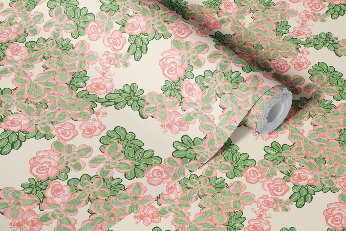 Sedum Floral in antique white wallpaper roll