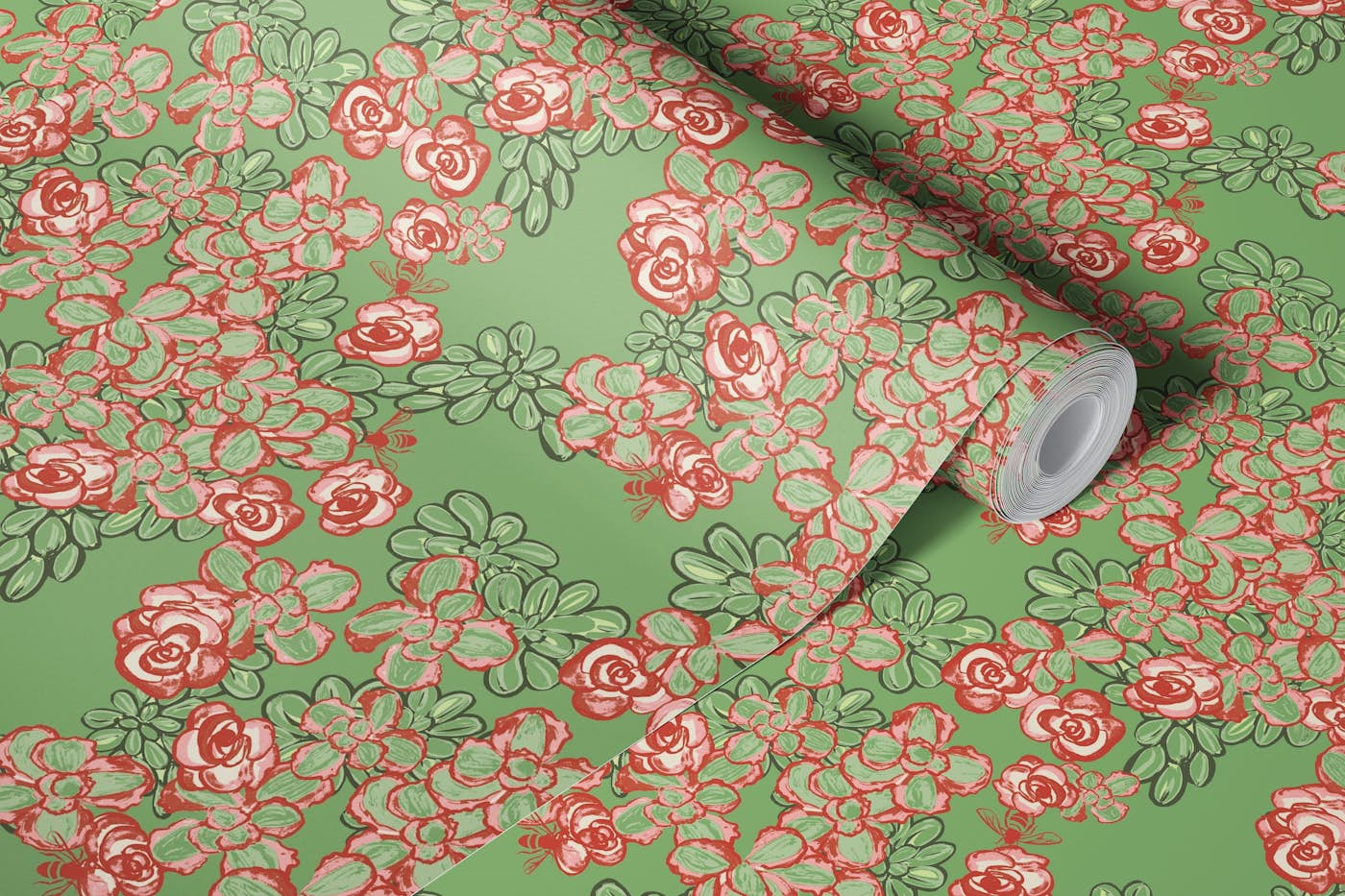 Sedum Floral in green tea wallpaper roll