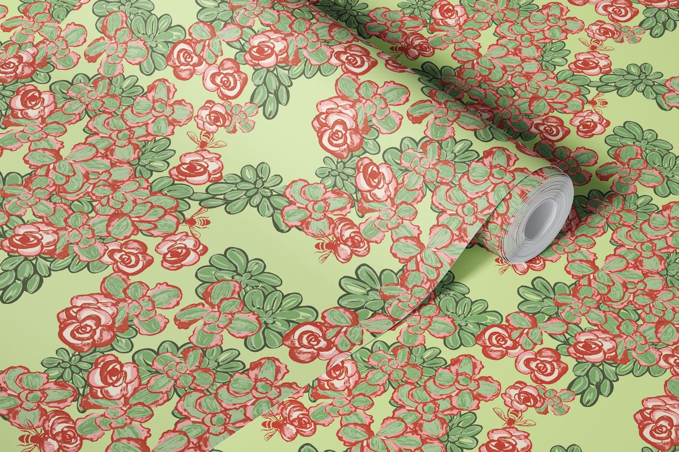 Sedum floral in shadow lime wallpaper roll