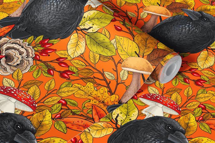 Autumn raven on orangewallpaper roll