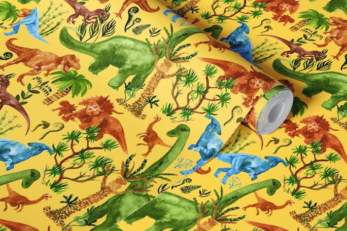 prehistoric world, dinosaurs painted in watercolorwallpaper roll