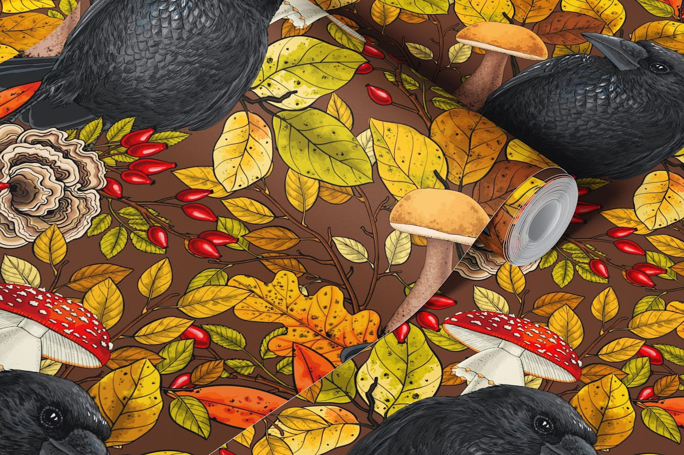 Autumn raven on brown wallpaper roll