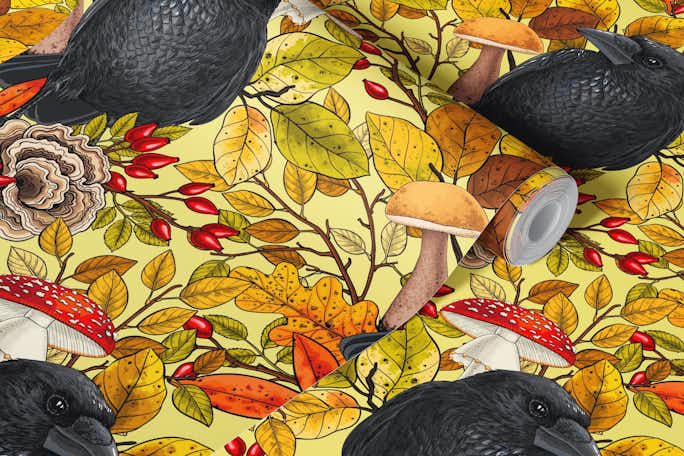 Autumn raven on yellowwallpaper roll