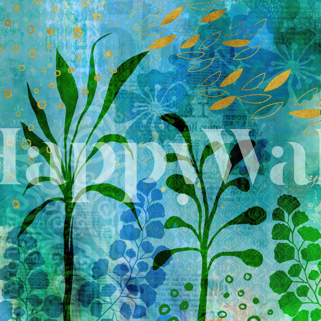 Artistic depiction of a fantasy garden with greenery and golden highlights wall mural