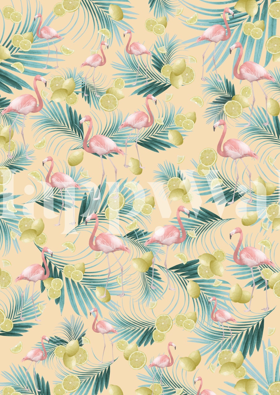 Tropical flamingo and lemon pattern in green and yellow wallpaper