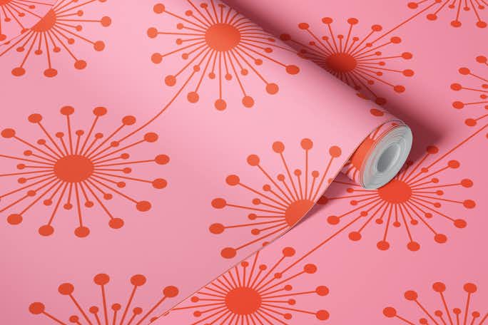 Midcentury Modern Dandelions Pink and Orangewallpaper roll