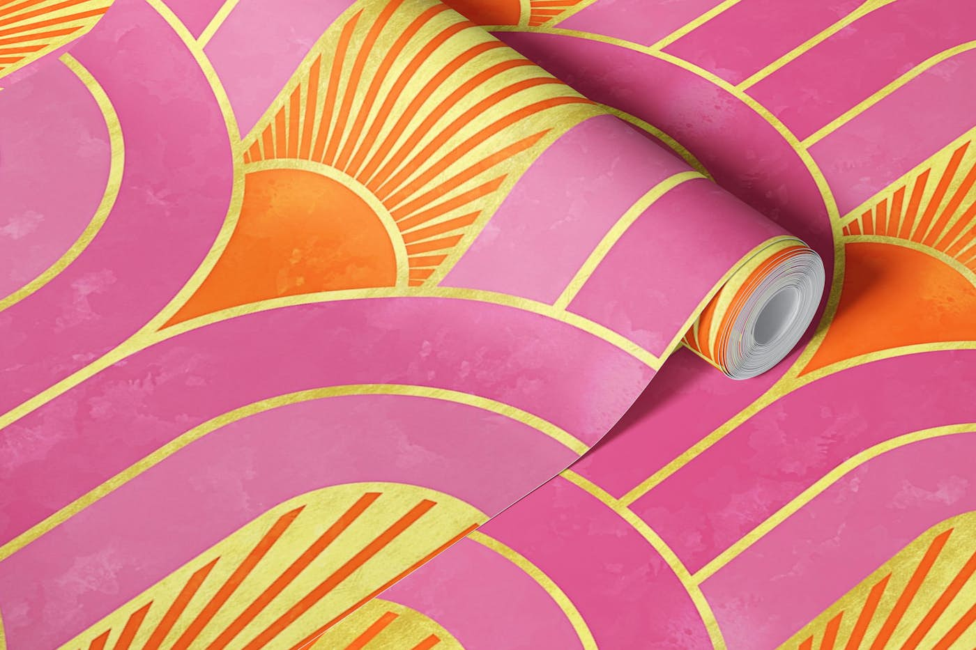 Retro Arch with Sun in Pink Orange and Gold wallpaper roll