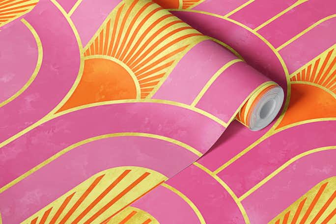 Retro Arch with Sun in Pink Orange and Goldwallpaper roll