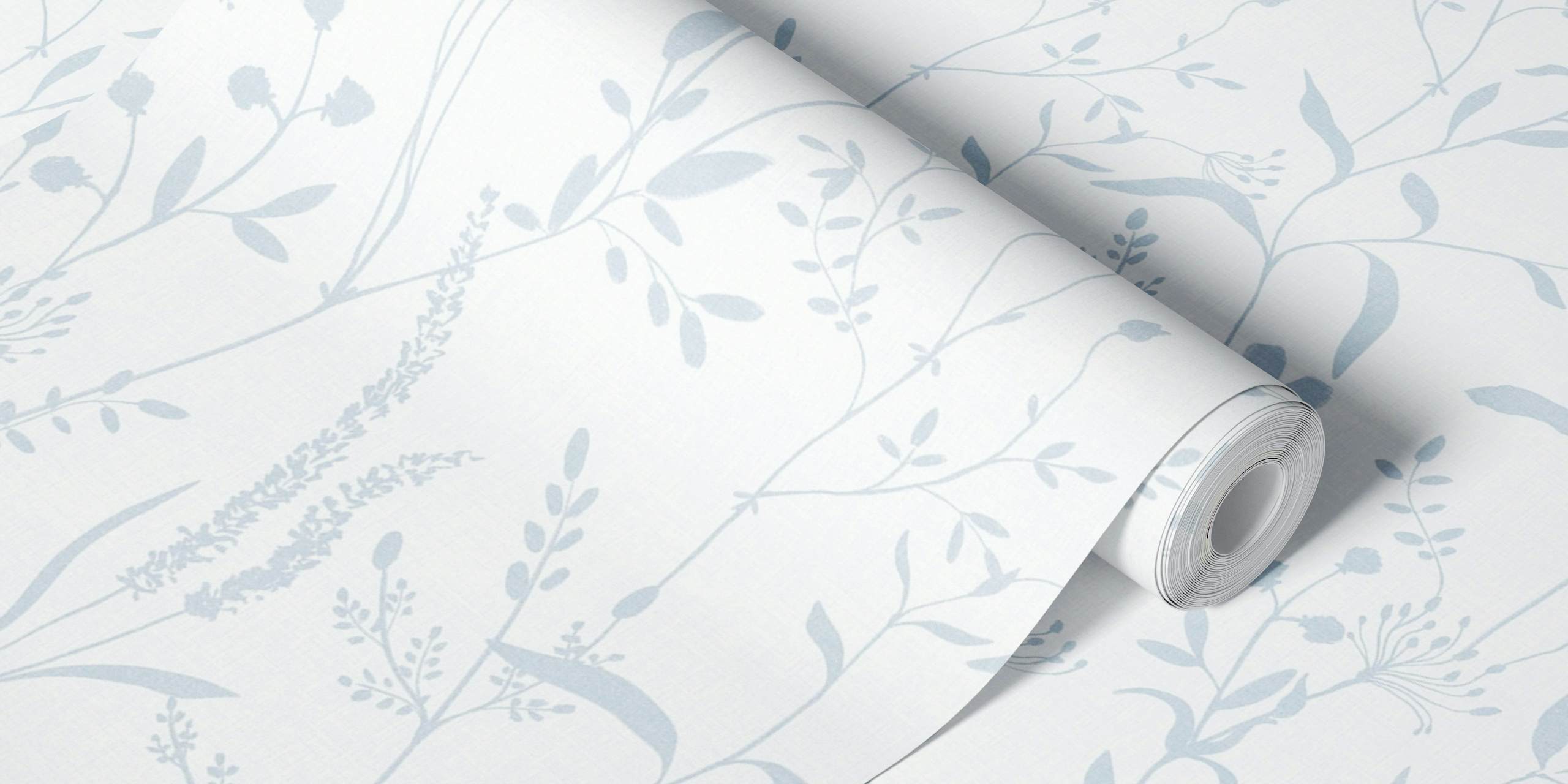Light blue and gray botanical wall mural with subtle floral patterns