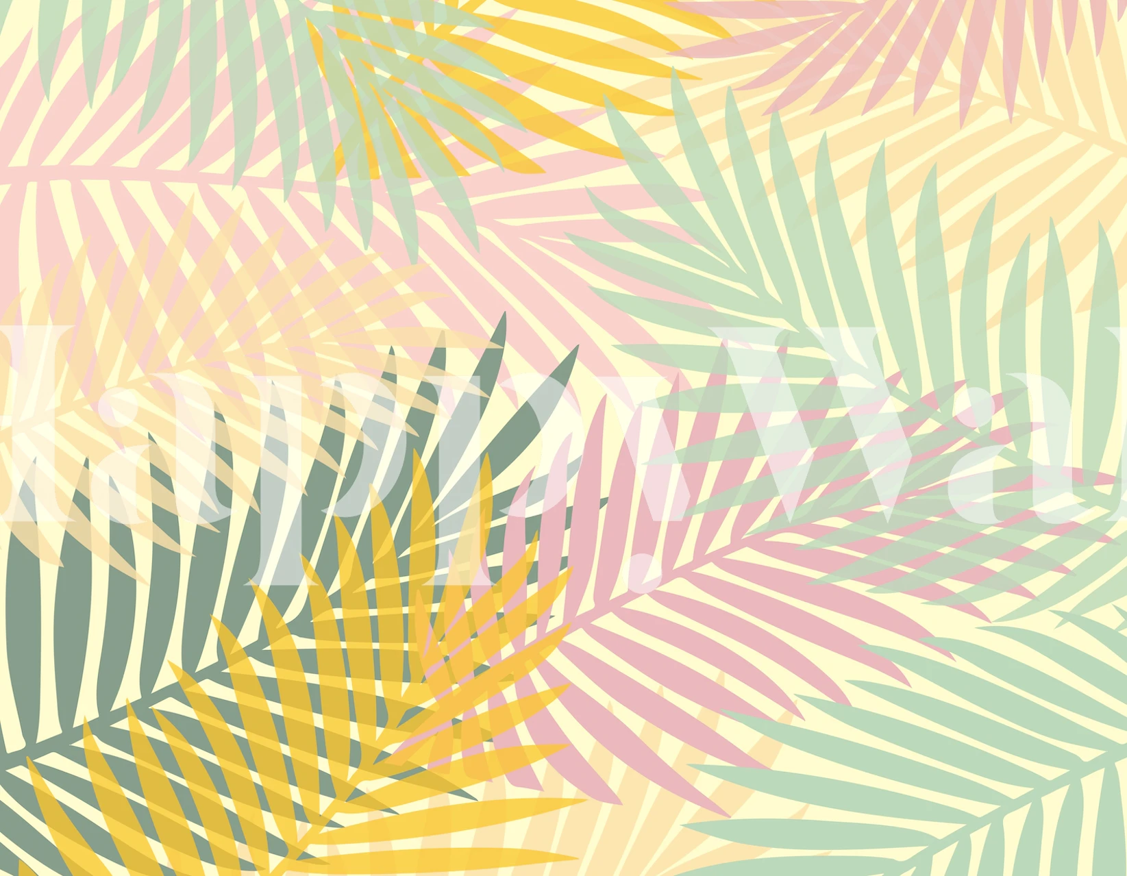 Tropical palm leaves in pastel colors green, yellow, and pink wallpaper