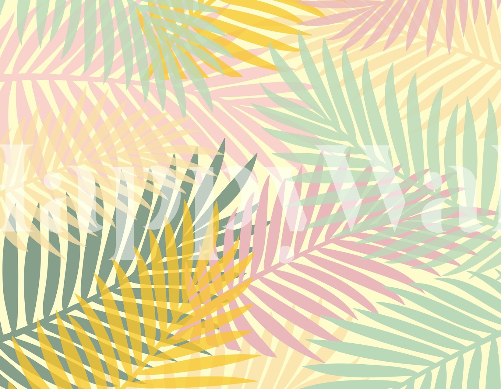 Tropical palm leaves in pastel colors green, yellow, and pink wallpaper