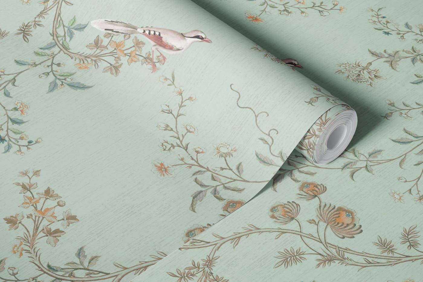 CHINOISERIES BIRDS AND TREES TEAL wallpaper roll