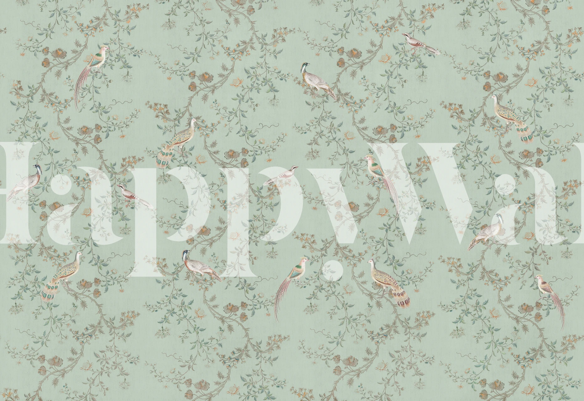 Chinoiseries Birds And Trees Teal Tapetti Huoneessa