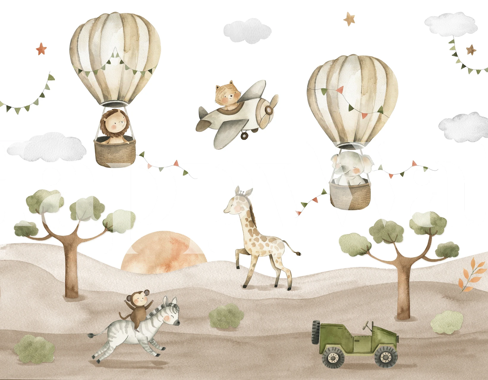 Safari party wallpaper with hot air balloons and animals in soft colors.
