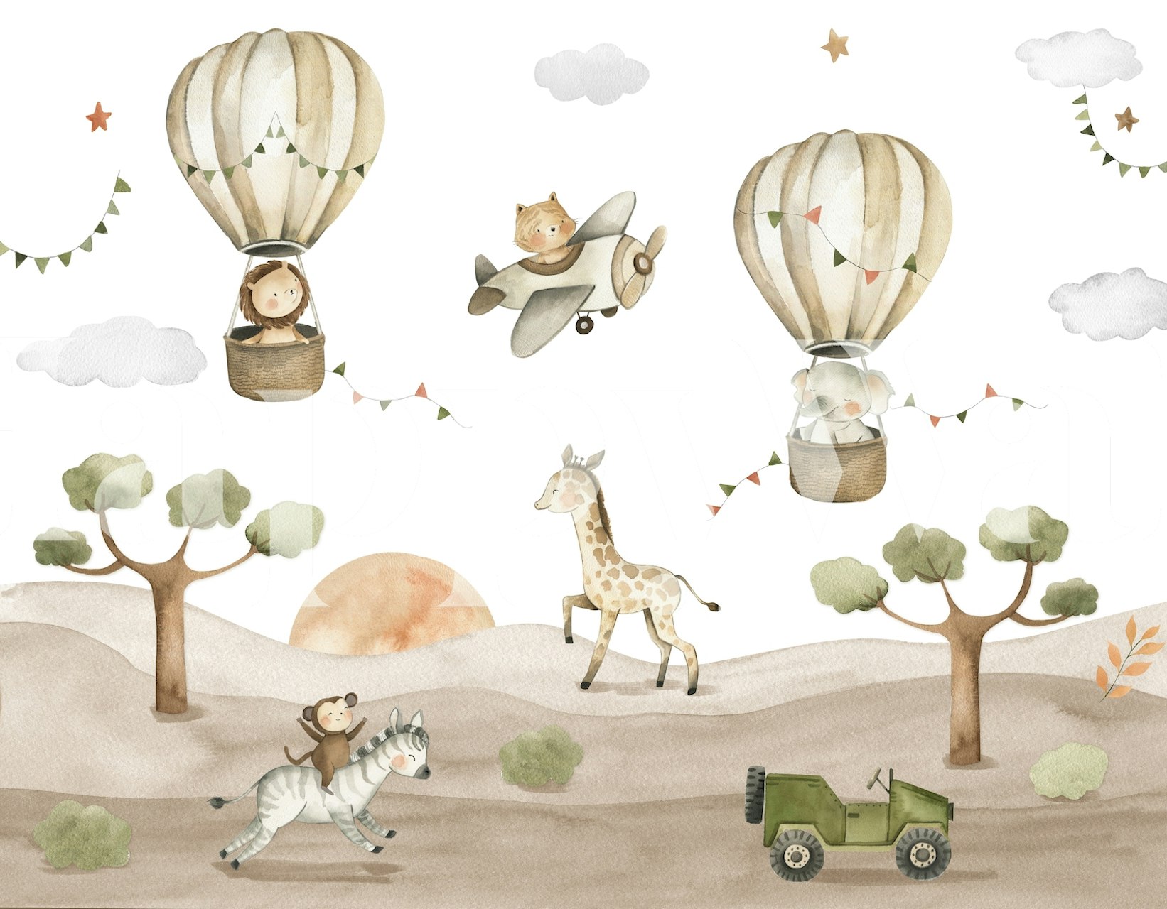 Safari party wallpaper with hot air balloons and animals in soft colors.