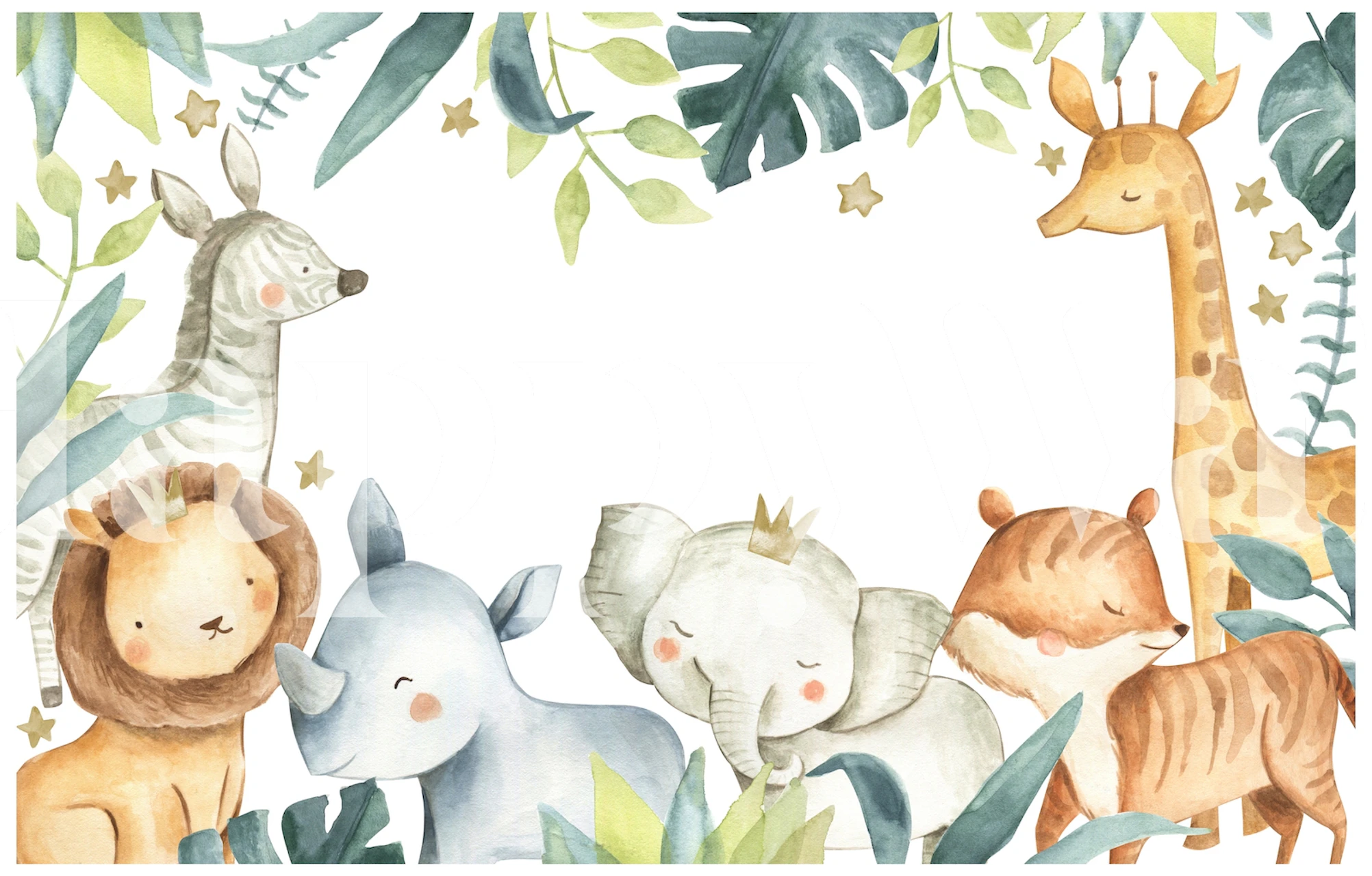 Watercolor safari animals including lion, elephant, rhino, and giraffe with leaves wallpaper