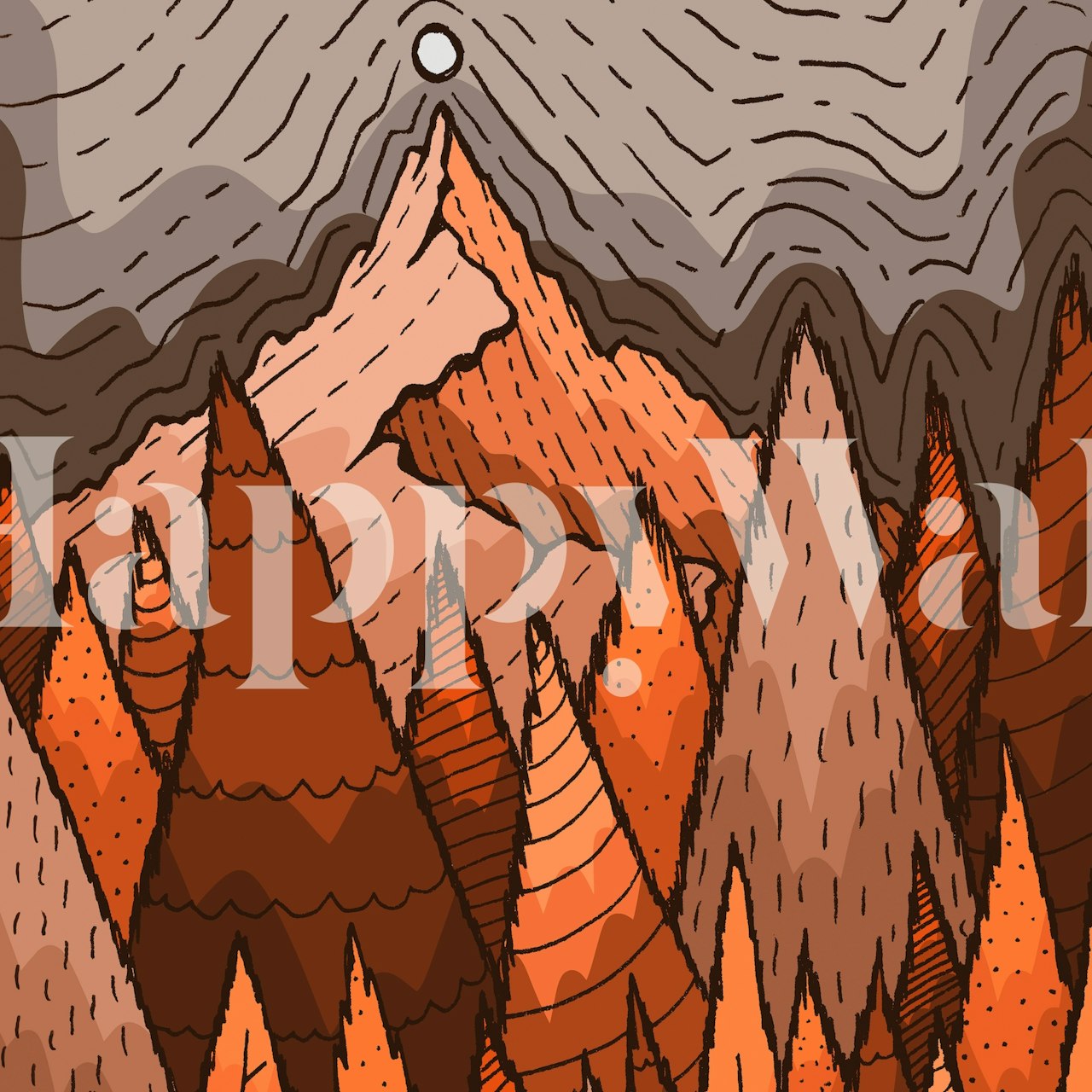 Illustrative mountain peak wall mural with earthy tones and textured layers