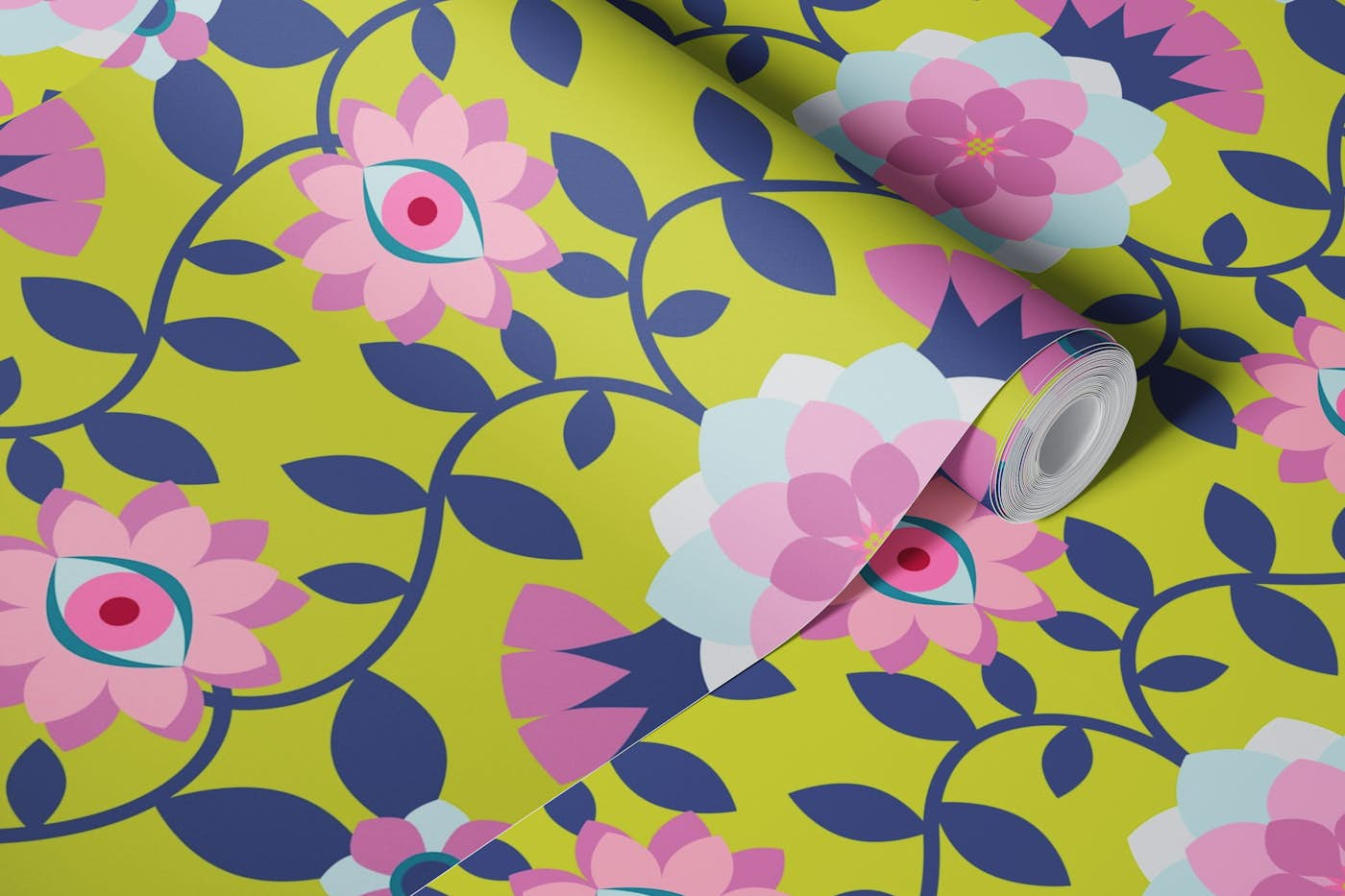 Bold Exotic Floral Pink Lime Blue wallpaper roll