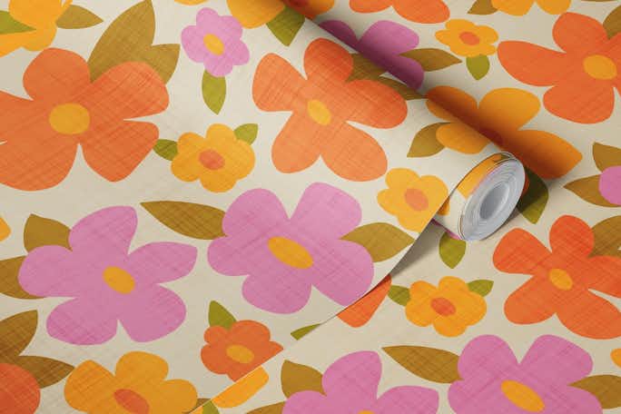 Retro Bright Flowers Pattern in Orange, Pink, Yellowwallpaper roll
