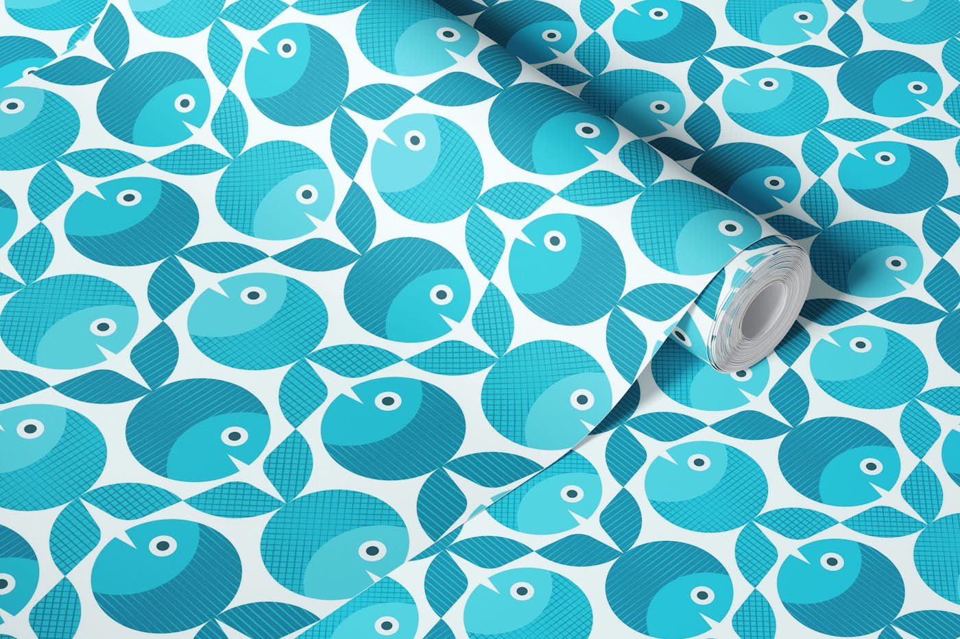 Mid Mod Geo Fish Pattern Blue wallpaper roll