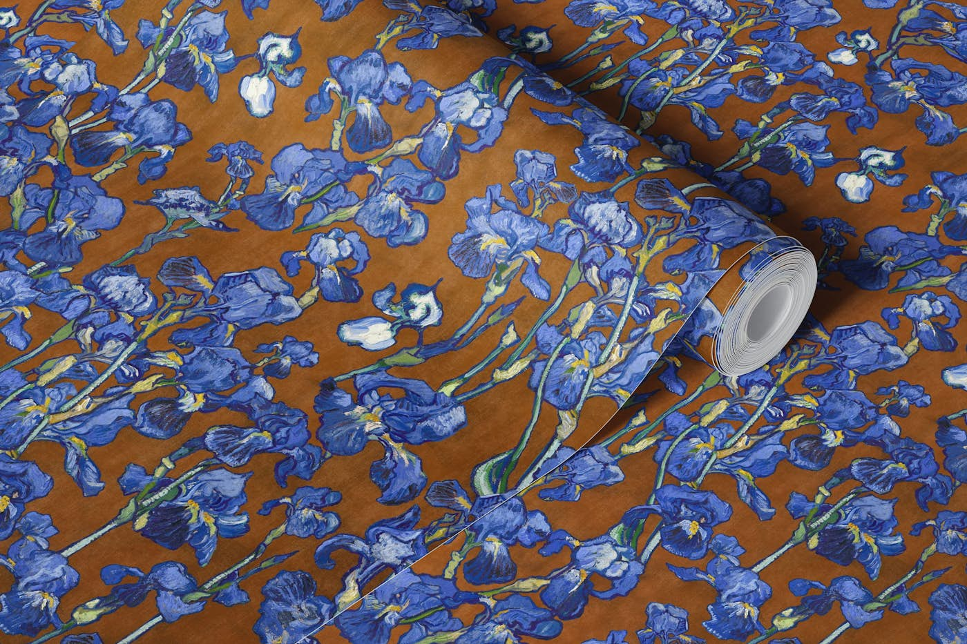 Van Gogh Irises Pattern in sepia brown and cobalt blue wallpaper roll